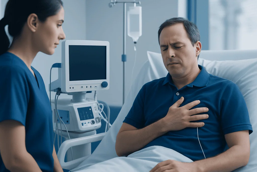 Patient experiencing chest pain in hospital bed with medical staff nearby.