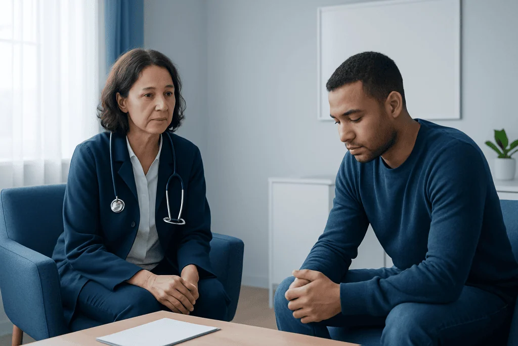 Doctor talking to a young man about mental health in a consultation room.