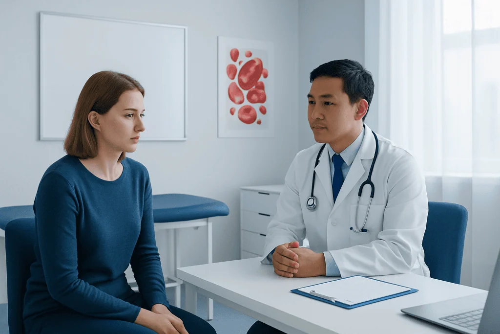 Doctor consulting patient about blood health in a clinical setting.