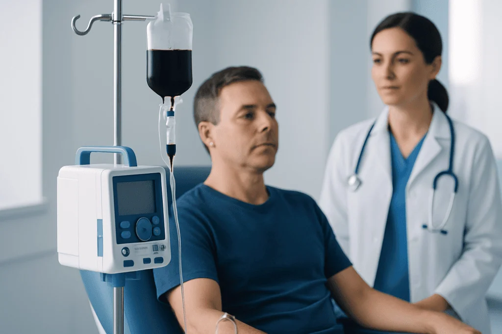 Patient receiving IV treatment in a hospital setting at Acibadem Hospitals Group.