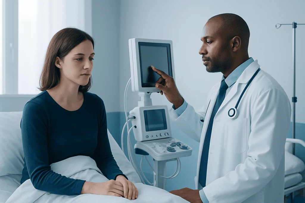 Doctor consulting with a patient in a hospital room.