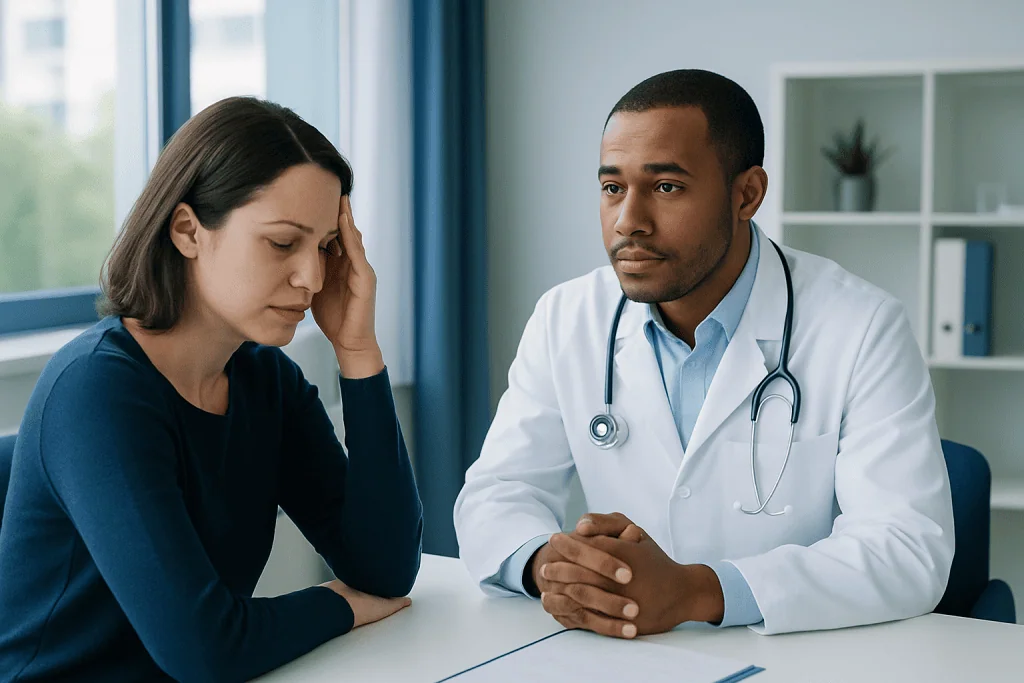 Doctor consulting with a patient about sinus infection symptoms and risks.
