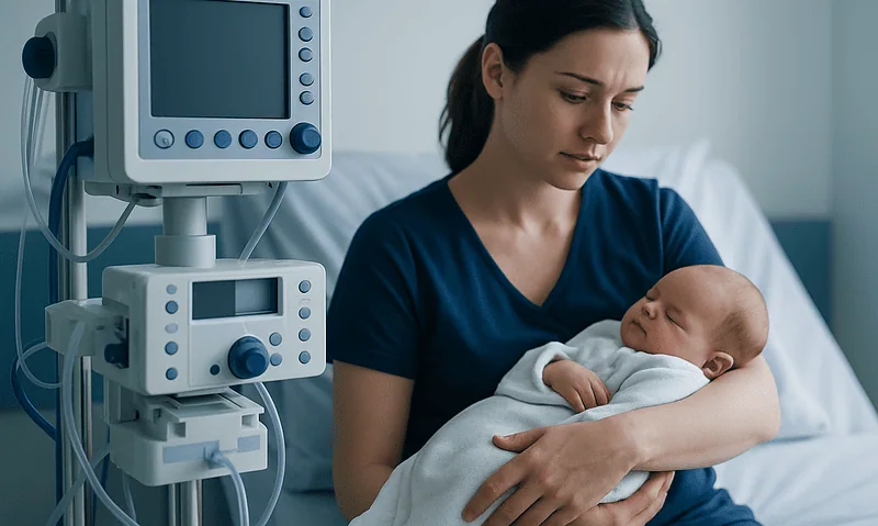 Mother holding newborn in hospital room with medical monitors nearby.