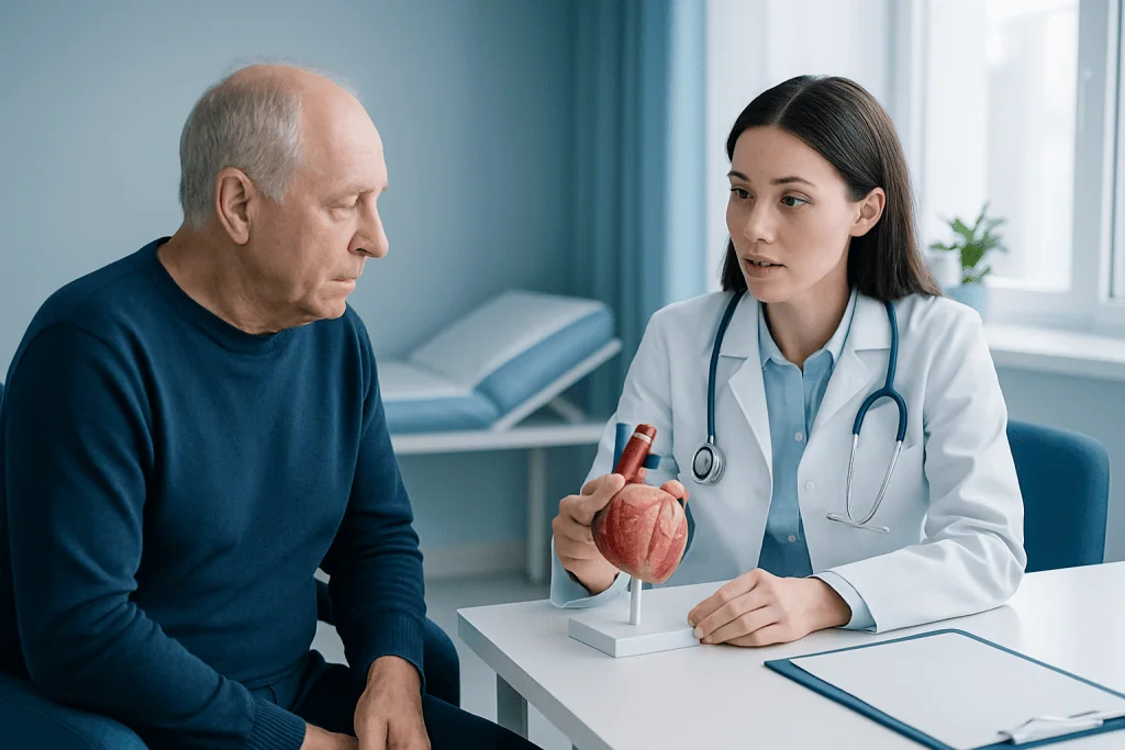Cardiologist explaining heart health to an elderly patient in a clinic.