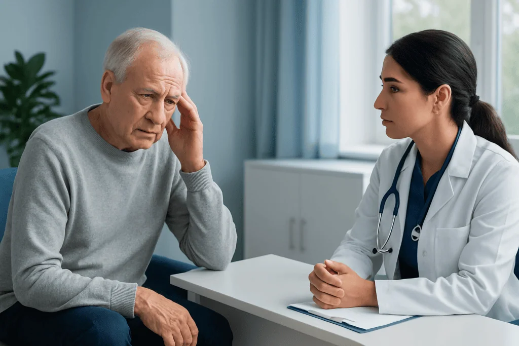 Elderly man consulting with a doctor about memory issues in a hospital setting.