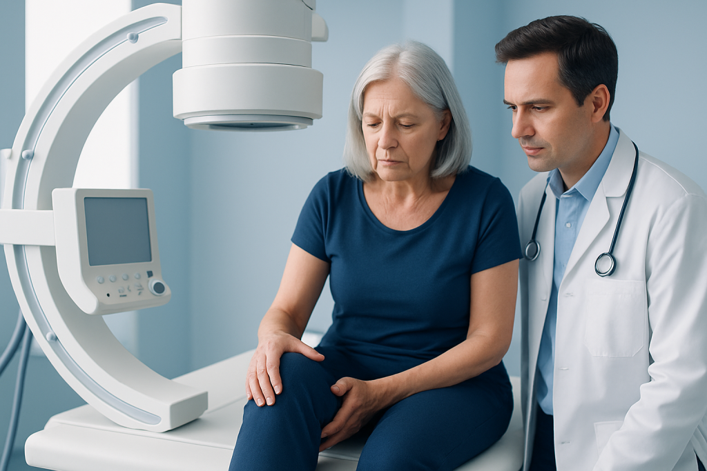 Doctor examining elderly woman with knee pain in hospital.