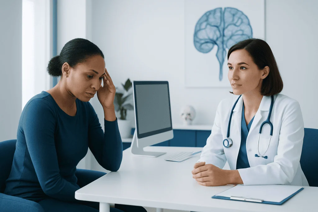 Doctor consulting with patient about brain health in a medical office.