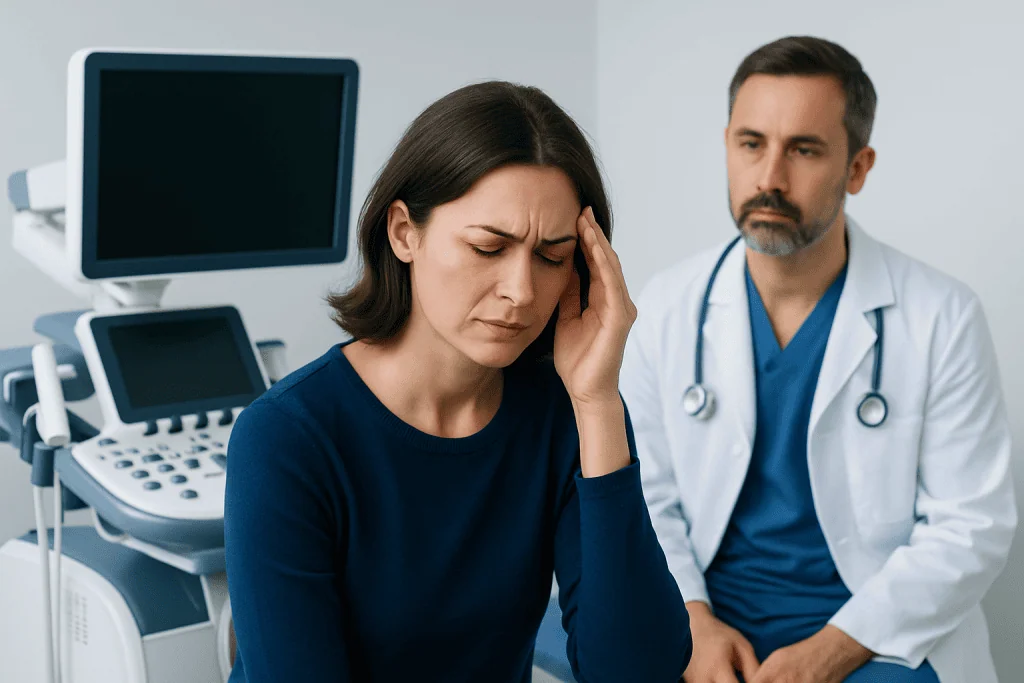 Woman experiencing headache during medical consultation at Acibadem Hospital.