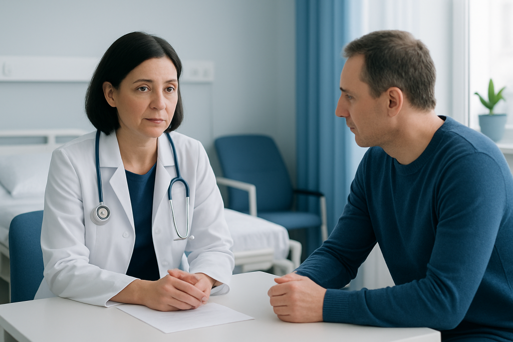 Doctor consulting with a male patient in a hospital room.