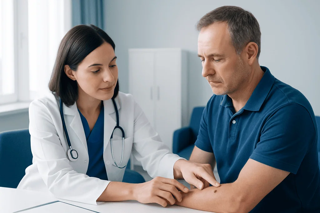 Doctor examining patient's skin for early signs of skin cancer.