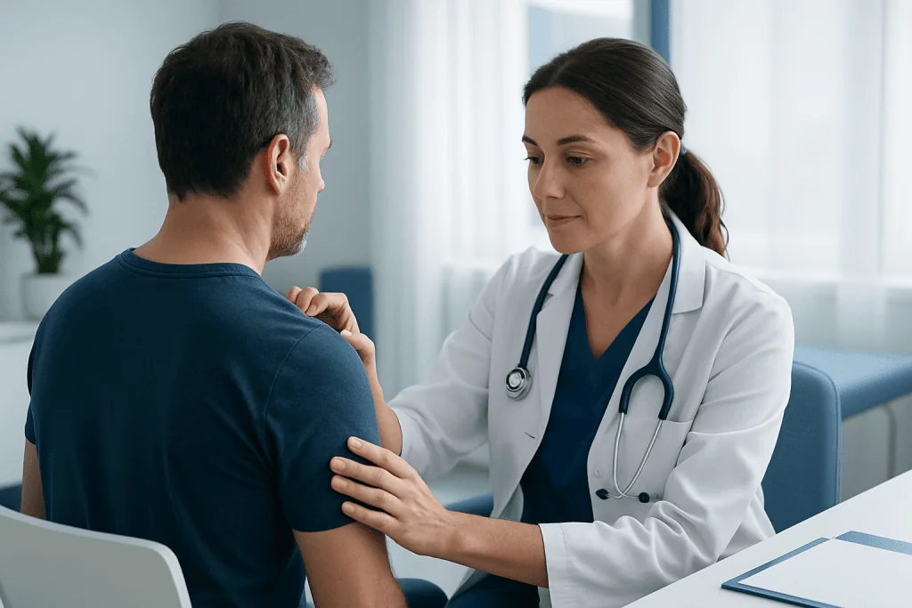 Doctor examining a patient's arm in a clinical setting.