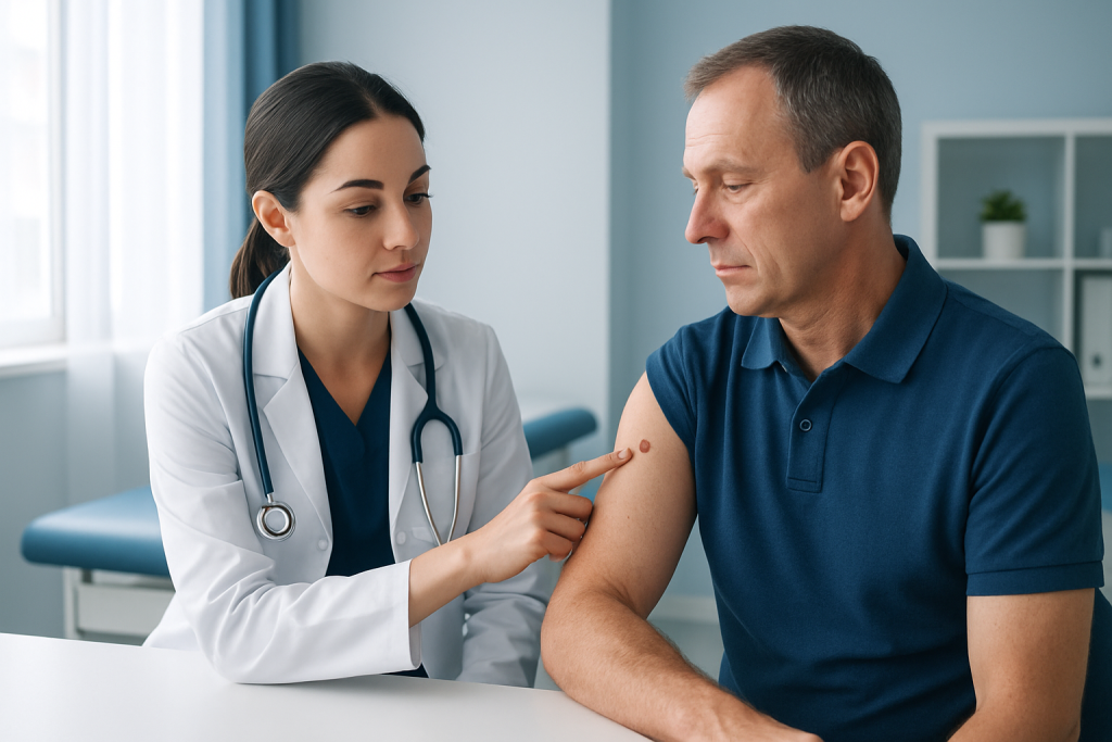 Doctor examining a patient's arm in a clinical setting.