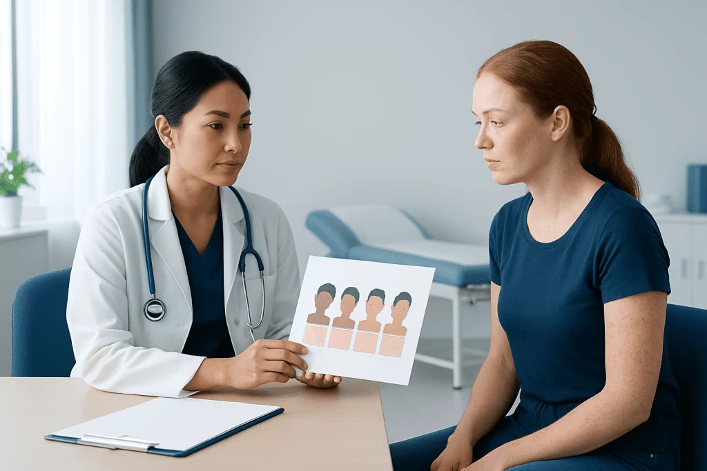 Doctor explaining skin types and skin cancer risk to patient using a chart.