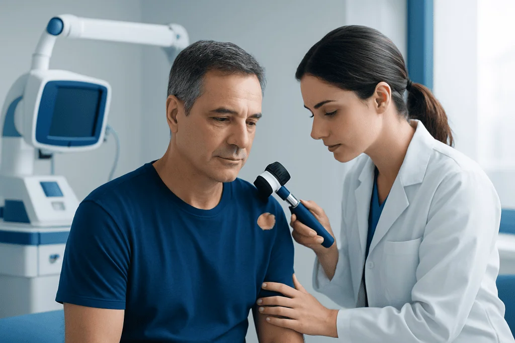 Dermatologist examines a patient's skin with a dermatoscope in a clinical setting.