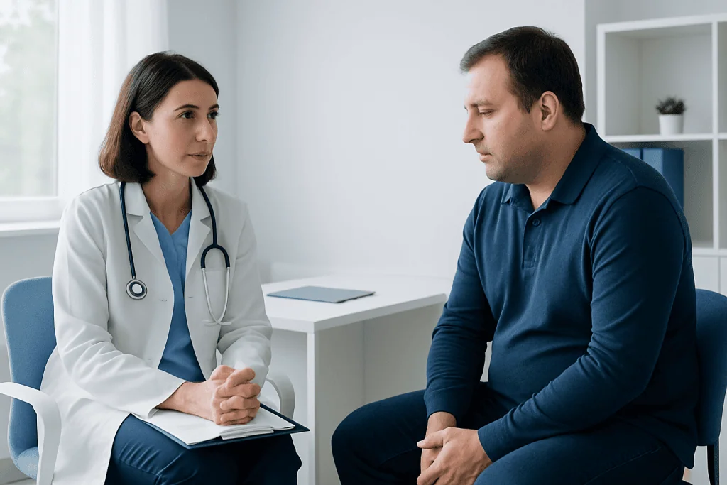 Doctor consulting with male patient in a medical office setting.