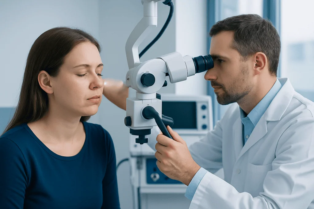 Doctor examining patient's ear with a microscope in a clinical setting.