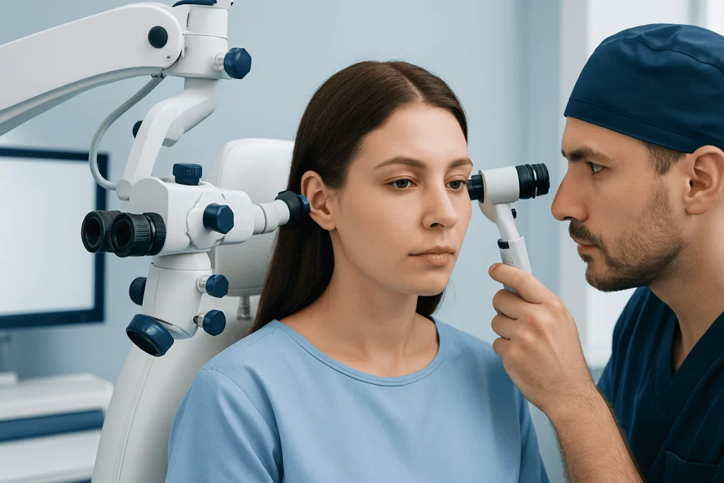 ENT specialist examines patient's ear with otoscope in clinic.