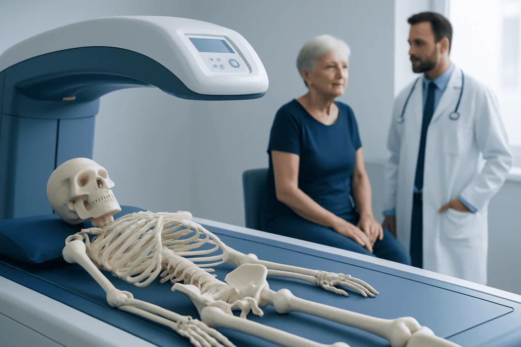 Medical professional consulting elderly woman about bone health with skeleton scan.