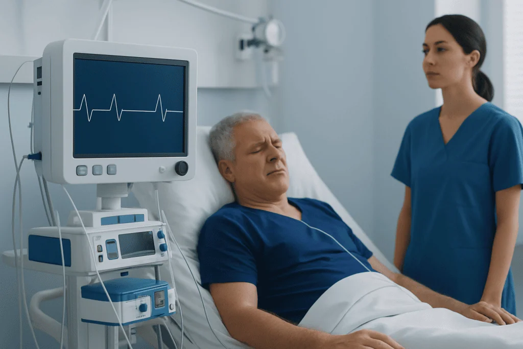 Hospital patient connected to heart monitoring equipment in a clinical setting.