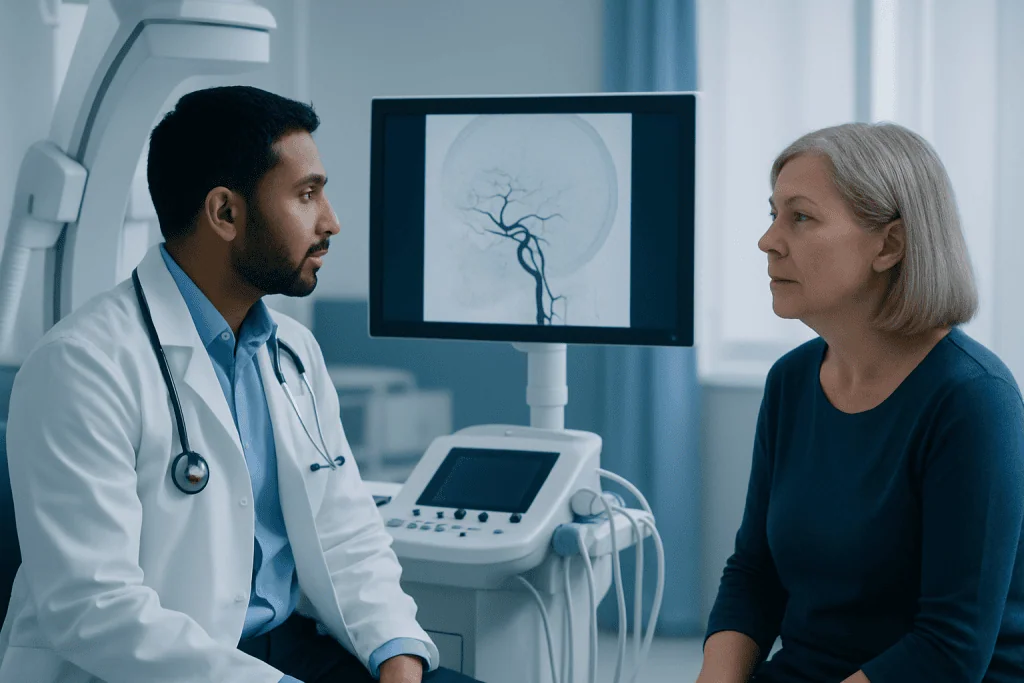 Doctor discussing brain angiogram with a patient in a medical office.