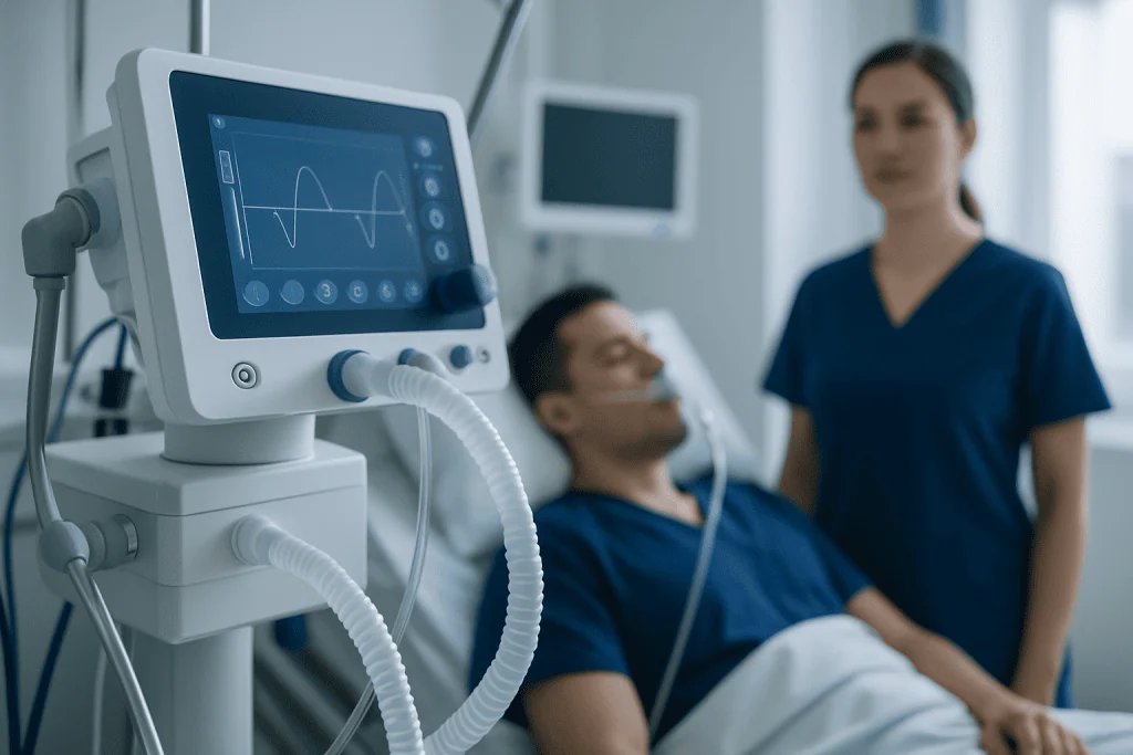 Medical monitor displaying vital signs in hospital room with patient and nurse.