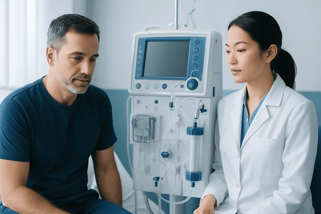 Doctor consulting with patient in a medical clinic setting.