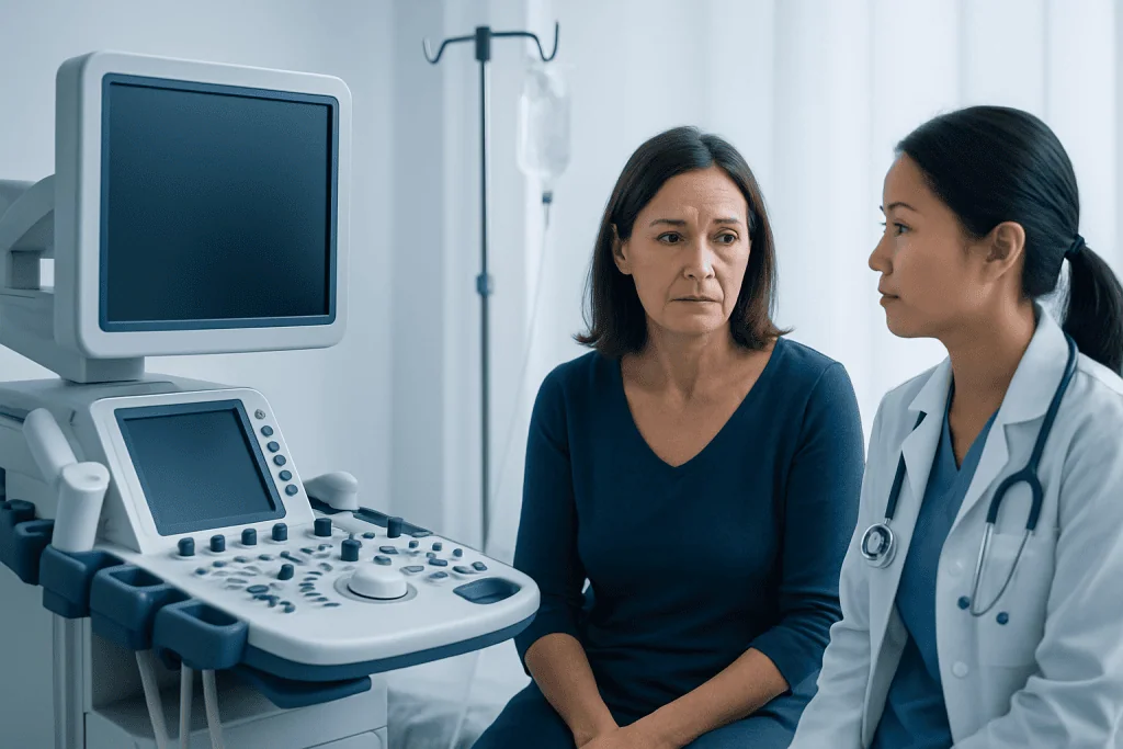 Doctor consulting with patient in hospital room with ultrasound equipment.