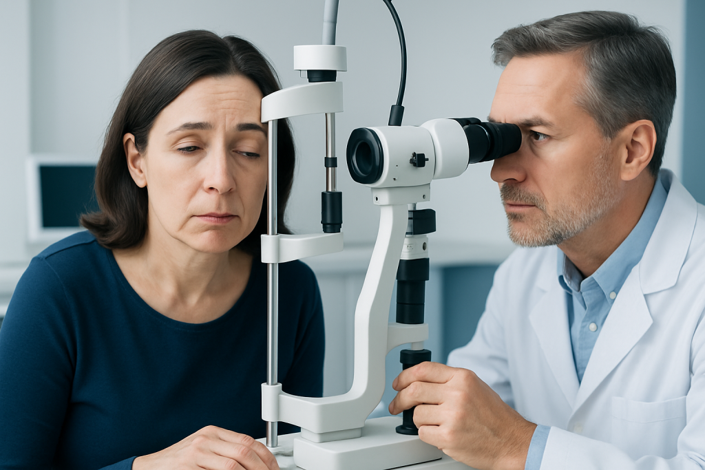 Neuro-ophthalmologist examining patient with eye test equipment.
