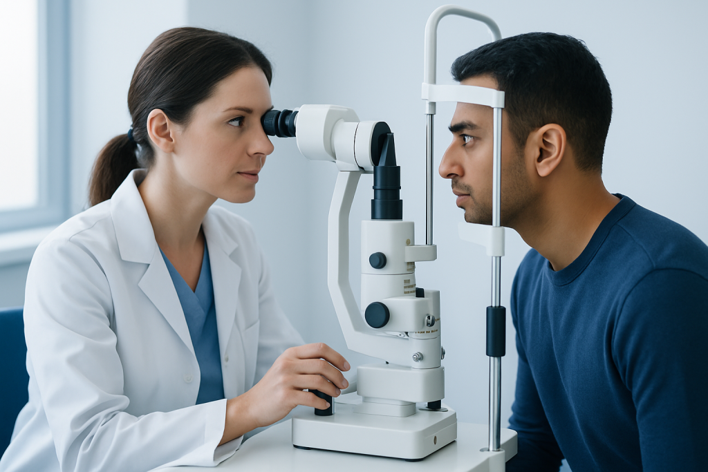 Optometrist examines patient's eyes with slit lamp in clinic.