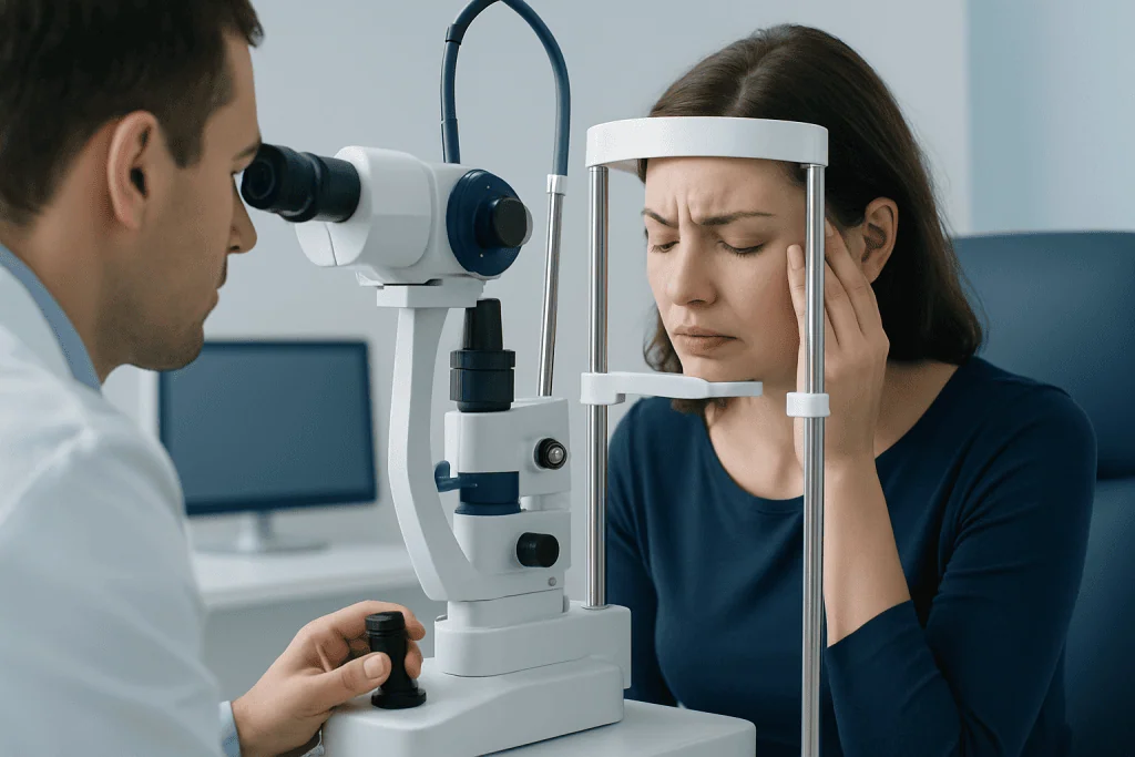 Optometrist examines patient's eye with slit lamp in clinic setting.