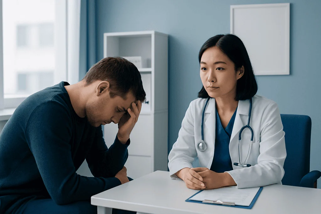 Doctor consulting with a patient experiencing stress or anxiety.