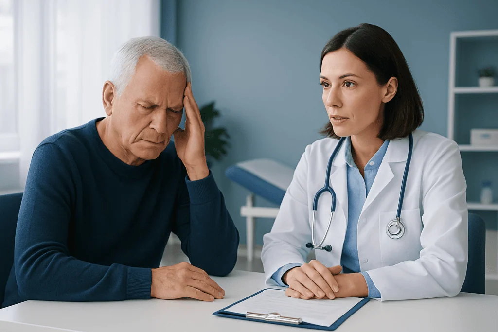 Doctor consulting with an elderly patient about health concerns in a medical office.