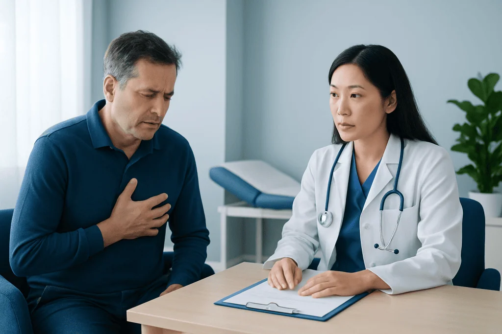 Doctor consulting with a patient about health risks in a medical office.