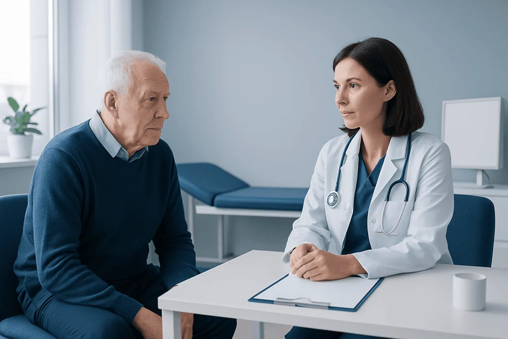 Doctor consulting with elderly patient in a medical office.