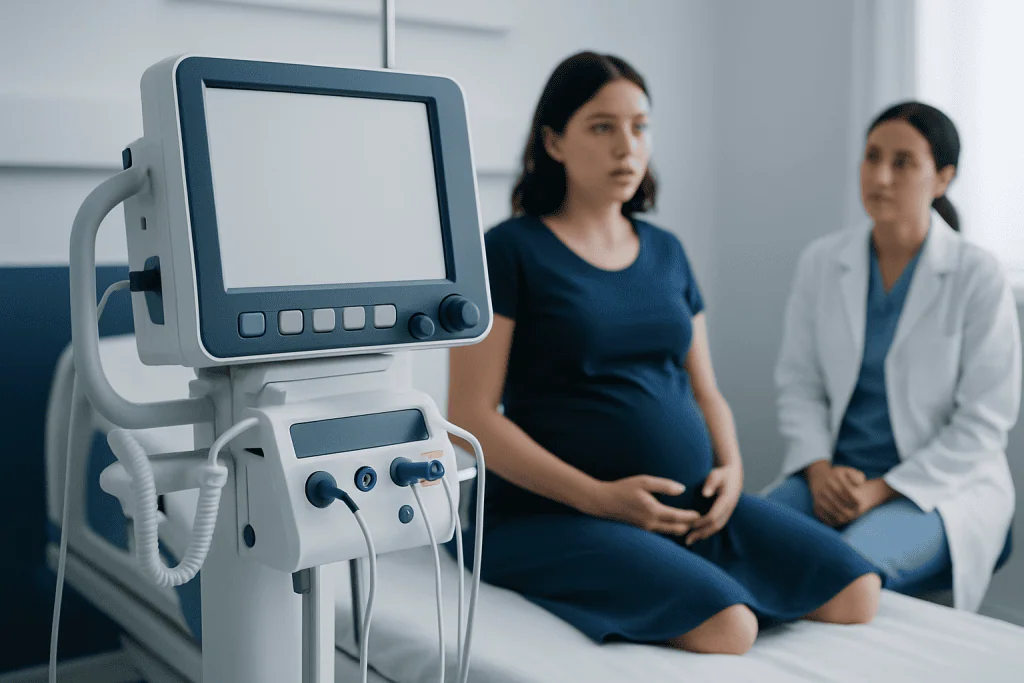 Pregnant woman in a medical consultation with a healthcare professional.