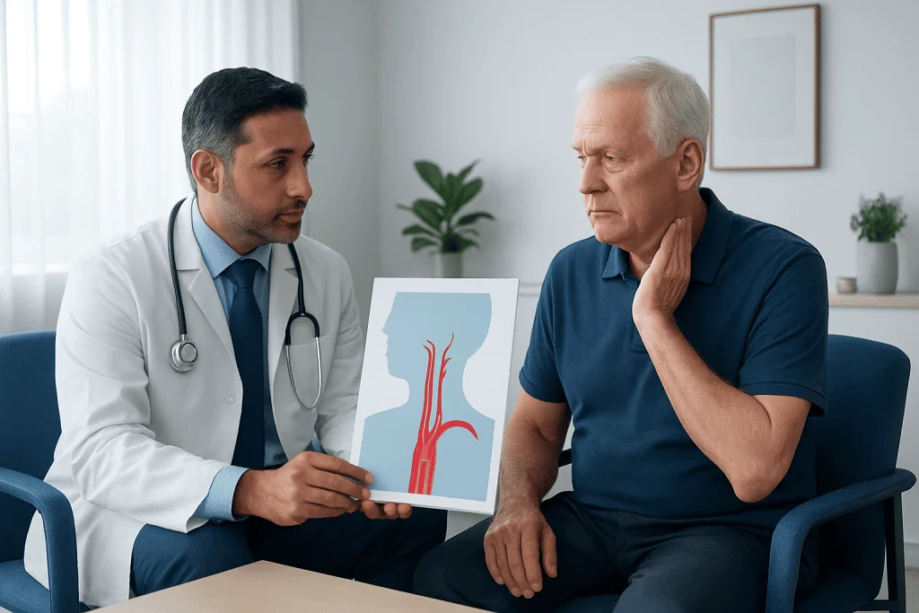 Doctor explains carotid artery diagram to an elderly patient.