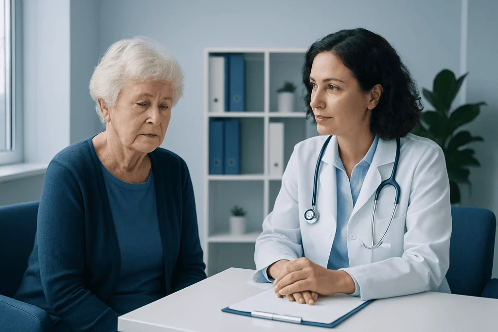 Doctor consulting with elderly woman about memory concerns in a medical office.