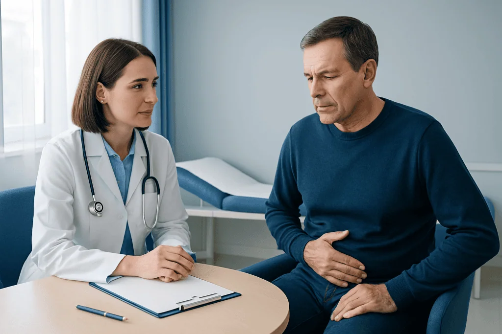 Doctor consulting with male patient about health concerns in clinic.
