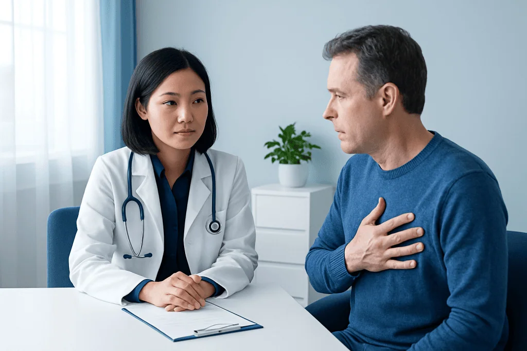 Doctor consulting with a male patient about heart health in a clinical setting.