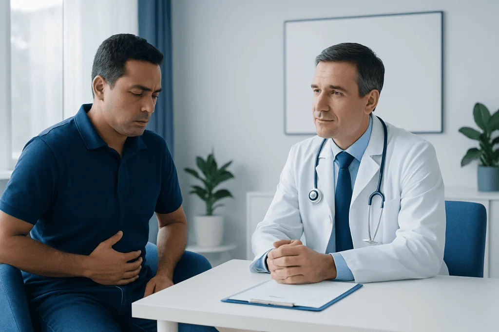 Doctor consulting with male patient about gastrointestinal health.
