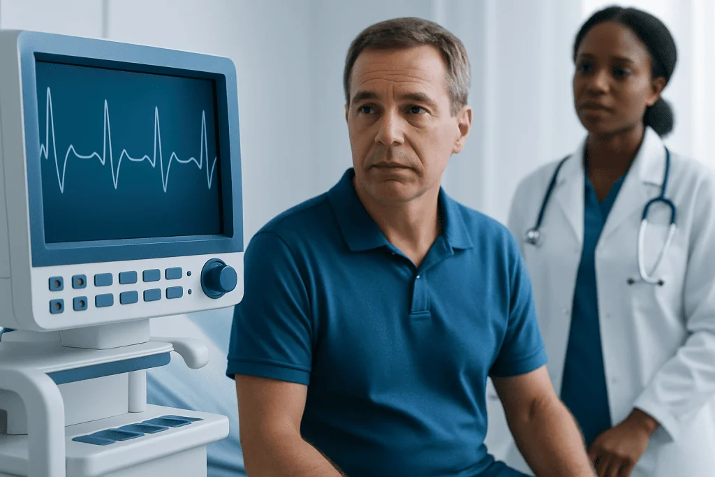 Doctor monitoring heart health with ECG in hospital setting.
