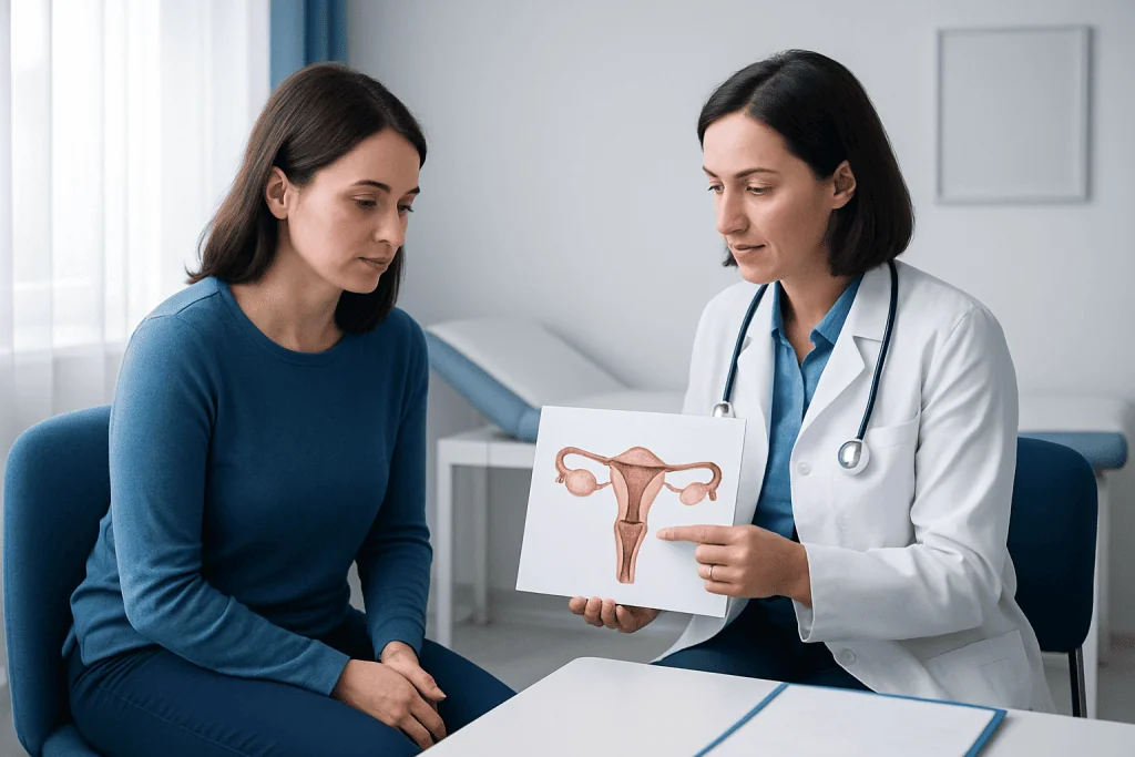 Gynecologist explaining ovarian health with model to patient in clinic.