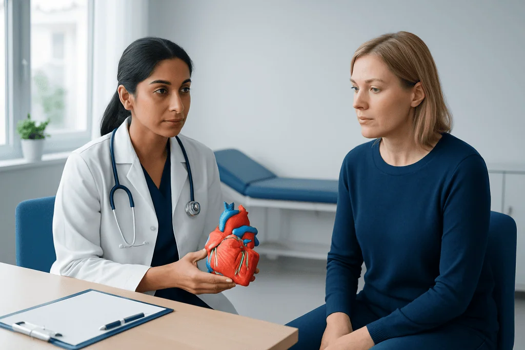 Doctor explaining heart health to a patient in a medical consultation room.