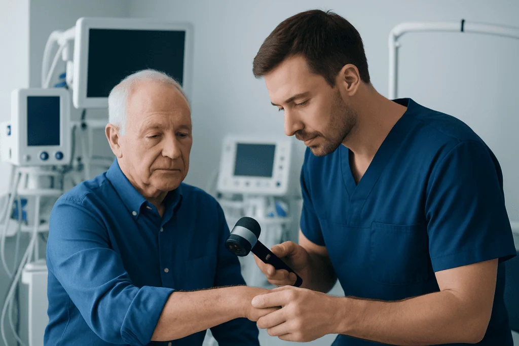 Doctor examining elderly patient's skin with dermatoscope in clinic.