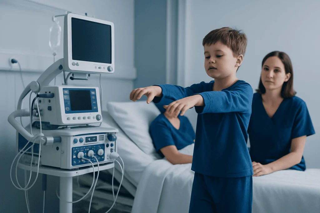 Child in hospital wearing blue pajamas near medical monitors.
