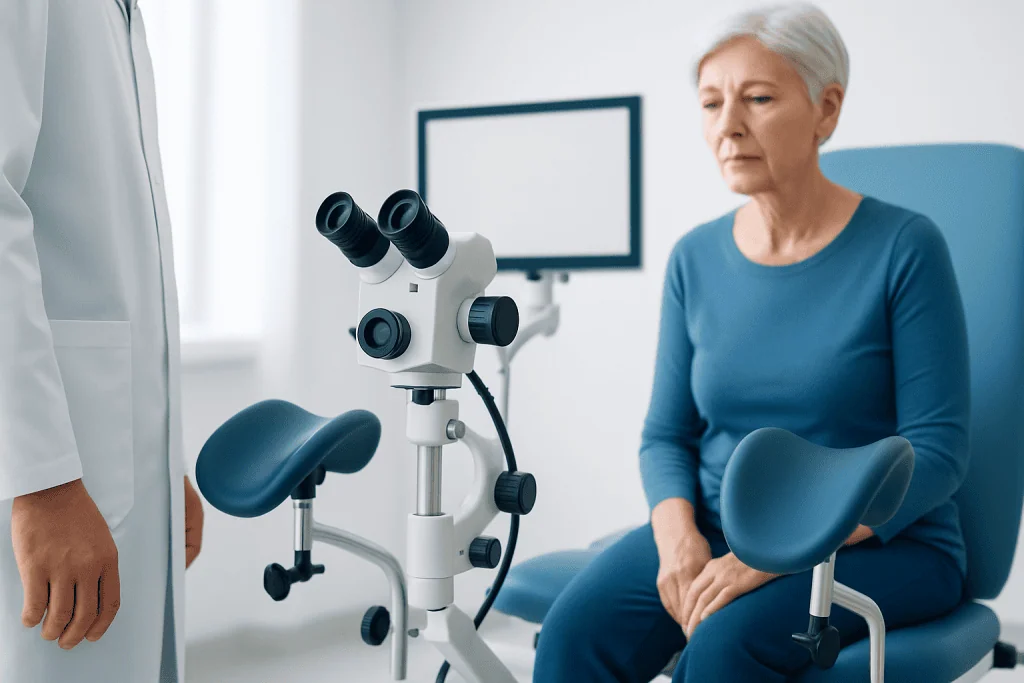 Senior woman during gynecological examination at Acibadem Hospital.