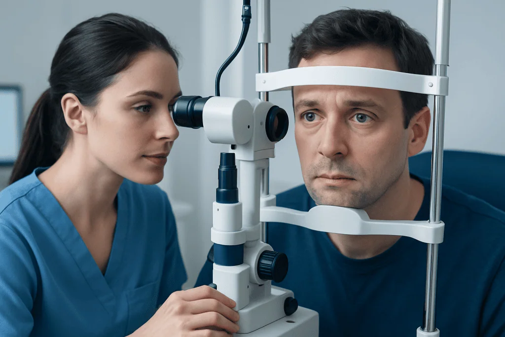 Optometrist examining patient's eyes with slit lamp in clinic.