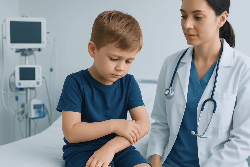Pediatrician examining a young boy with eczema in a hospital room.
