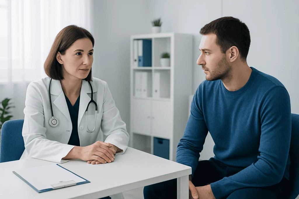 Doctor consulting with a male patient in a medical office.