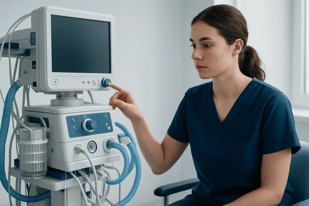 Healthcare professional operating medical ventilator in hospital setting.